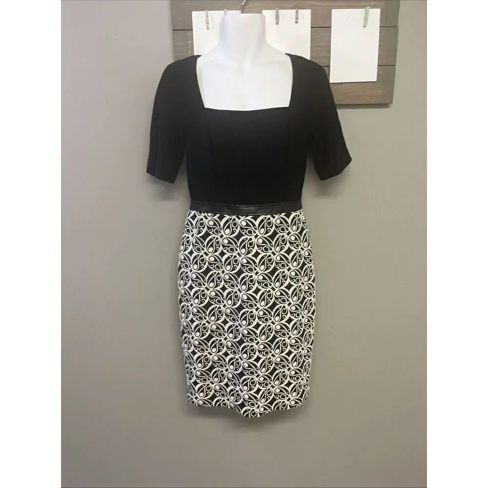 Adrianna Papell Women's Sheath Dress Fitted Cream Floral Square Neck Black Sz 12
